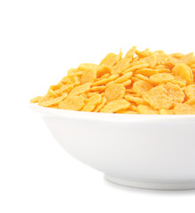 Bowl with cornflakes on white background
