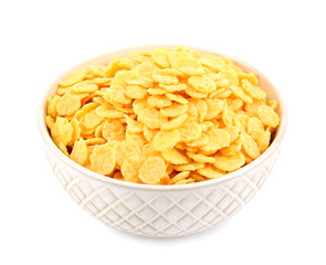 Bowl with cornflakes on white background