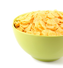 Bowl with cornflakes on white background