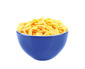 Bowl with cornflakes on white background