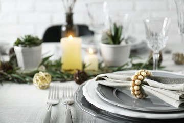 Table served with succulents for dinner in living room