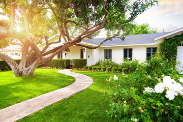 Fototapeta Beautiful Home With Green Grass Yard obraz
