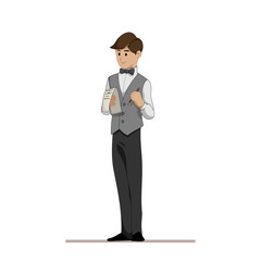 The waiter takes the order or shows a menu. The staff in the cafe and restaurant. Cartoon Character isolated on a white background. Vector, illustration EPS10.