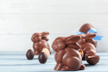 Chocolate Easter bunnies on light background