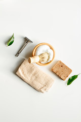 Mens hairdressing desktop with tools for shaving top view