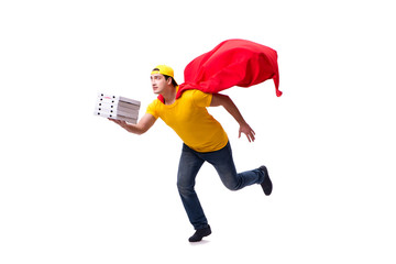 Super hero pizza delivery guy isolated on white