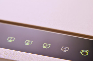 Closeup of internet router LED lights showing connection status. Emitting diode wireless on white...