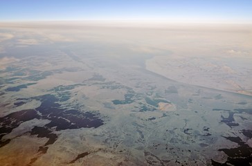 Aerial view of the Bering Strait on the western edge of Alaska near Nome facing Russia