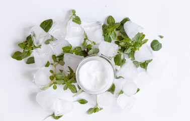 concept cooling organic cosmetics with on background top view