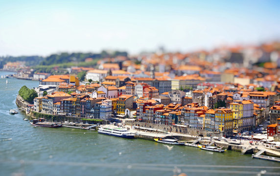 Aerial view of Porto city, Portugal. Tilt-shift Miniature Effect