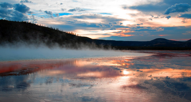 Grand Prismatic Spring at sunset in the Midway Geyser Basin in Yellowstone National Park U S