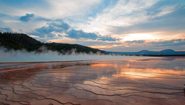 Grand Prismatic Spring at sunset in the Midway Geyser Basin in Yellowstone National Park US of A