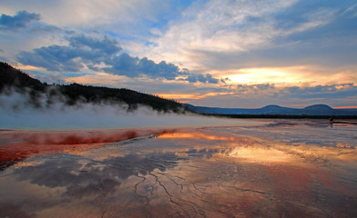 Grand Prismatic Spring at sunset in the Midway Geyser Basin in Yellowstone National Park in Wyoming...