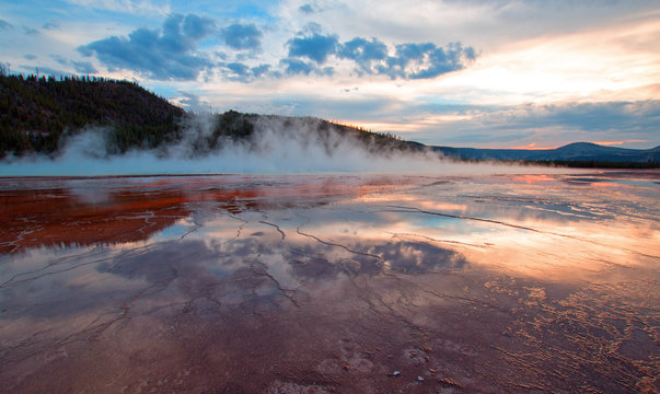 Grand Prismatic Spring at sunset in Yellowstone National Park in Wyoming USA