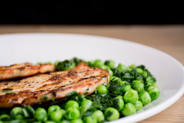 Healthy chicken medallions with peas and spinach