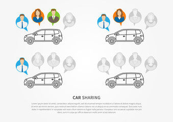 Car sharing vector illustration. Car to share graphic design. Transport renting service creative concept. Colorful and grey avatars of people with shared car and sample text.
