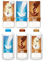 Set of three labels of chocolate and vanilla milk splashes and b