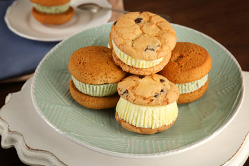 Ice cream cookie sandwiches on plate, closeup