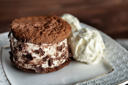 Ice Cream Cookie Sandwich On Plate, Closeup