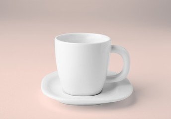 Blank ceramic cup with saucer on white background
