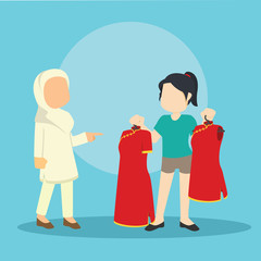 muslim girl helping chinese girl choosing clothes