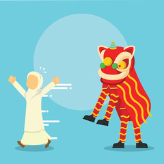 muslim girl running away scared of dragon dancer
