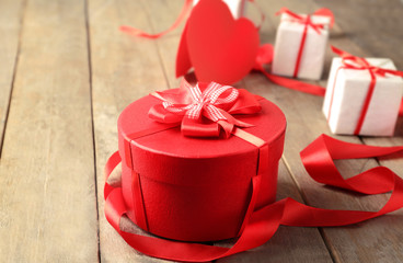 St. Valentines Day concept. Gift boxes on wooden table