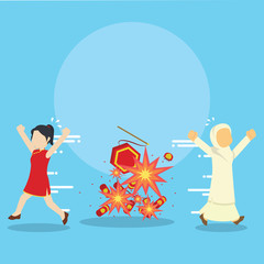 chinese and muslim girl running from exploding firecrackers