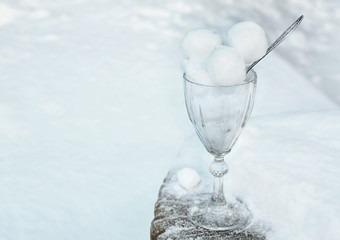 Snowballs in crystal glass outdoors