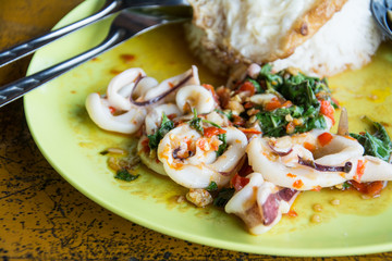 Basil Fried Rice with squid and fried egg