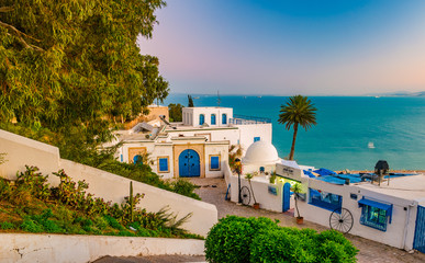 Sidi Bou Said, famouse village with traditional tunisian architecture. Shot an sunset.
