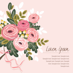Vector illustration of a bouquet of beautiful flowers with ribbon. Pink background