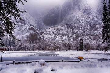 Bridaveil Fa;;s viewed from Northside drive during a winter storm in Yosemite