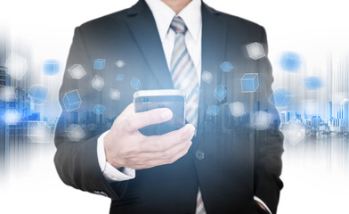 Businessman using smart phone, business network communication technology