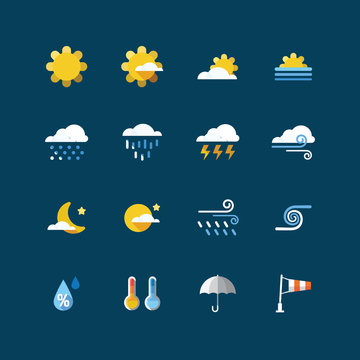 Weather colour icons set. Flat design vector