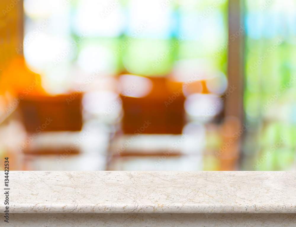 Aufkleber empty marble table top with blurred cafe bokeh light as backgrou