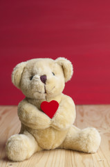 Little bear hold red heart. Valentines concept.