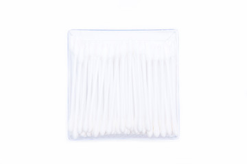 Cotton buds in plastic box isolated on white background