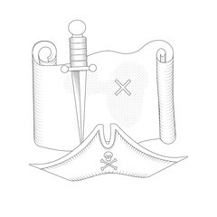 pirate map and hat and dirk