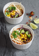 Mexican chicken tortilla soup with corn, beans and avocado. Delicious lunch