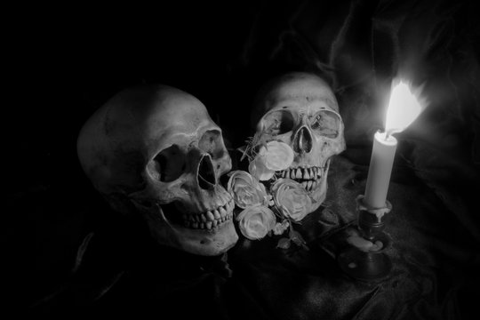Skull with Bunch of flowers and candle light on wooden table with black background in night time in black and white/ Still life style