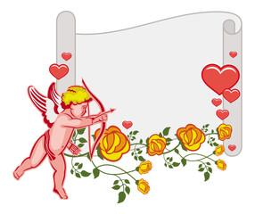 Paper scroll with Cupid, roses and hearts. 