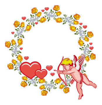 Elegant round frame with Cupid, yellow roses and hearts. Vector clip art.