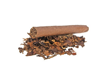 Tobacco and cigar on a white background