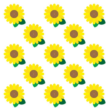 YELLOW SUNFLOWER PATTERN
Simply graphic yellow sun flower with green leaves arranged in pattern on the white background.
