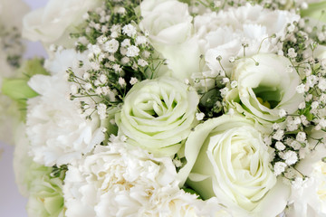 Bouquet Floral arrangement white roses carnation and gypsophila paniculata for Valentine's Day ,white and green tone