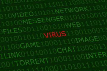 virus, red alert among user activities terms on green digital ba