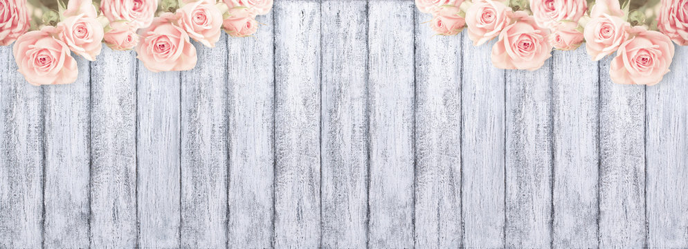Roses on background of shabby wooden planks with place for text.