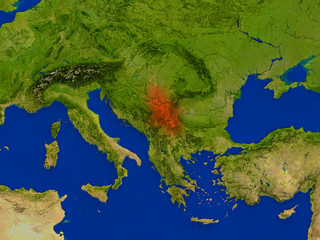 Serbia from space in red