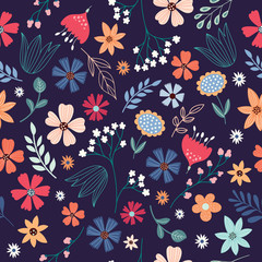Floral seamless pattern with hand drawn flowers and plants